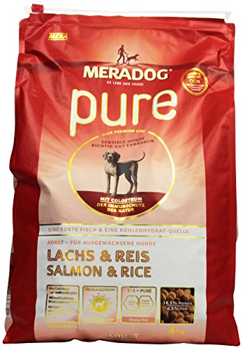 MERA PURE Adult Trockenfutter I Hundefutter ohne glutenhaltige Zutaten für sensible Hunde mit Lachs und Reis I 4 Kg