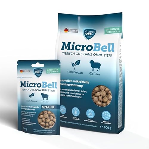 Marsavet Veganes Hundefutter-Set mit mikrobiellem Protein - MicroBell Veganes Trockenfutter für Hunde 900 g und vegane Hundesnacks 100 g . Gluten- Getreidefrei Hypoallergen Nachhaltig.