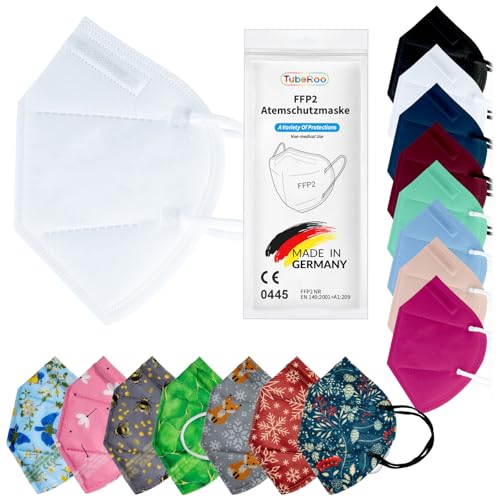 TubeRoo FFP2 Maske Weiß 5 Stück Masken aus Deutschland Made in Germany weiche runde Ohrschlaufen Bänder Atemschutzmaske Mundschutz Schutzmaske Staubmaske Feinstaubmaske Allergie Pollen