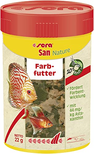 sera San Nature Farbfutter 100ml 22g für oberflächenfressende Zierfische ohne künstliche Farb- und Konservierungsstoffe mit 10% Krill Haematococcus-Algen für natürliche Farbentwicklung
