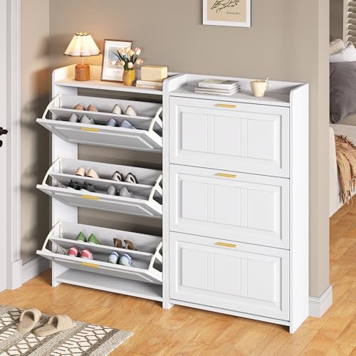 YuQozii 70 24 120cm Schuhschrank Schuhregal mit 6 Fächern Schränke Schuhschränke Schuhhochschränke Kann in Fluren Türen Wohnzimmern und Büros aufgestellt Werden MDF Spanplatte weiß 2