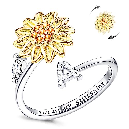 Fidget Ring Für Frauen Kucheed Sonnenblume Größenverstellbarer Spinner-Ring Silber Stapelbar Anti-Stress-Buchstabe Fingerkreis Graviert You Are My Sunshine Im Inneren Des Schmucks A