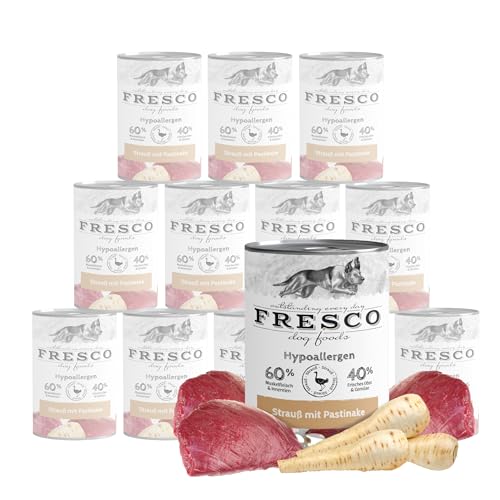 FRESCO Dog Hypoallergen-Menü Strauß mit Pastinake - hypoallergenes Hundefutter Nassfutter 12x 400g in Barf-Qualität