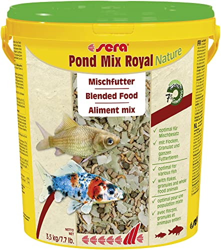 sera Pond Mix Royal Nature 21 Liter - Futtermischung aus Flocken Sticks und mit 7% Gammarus als Leckerbissen für alle Teichfische Teichfutter BZW. Goldfischfutter