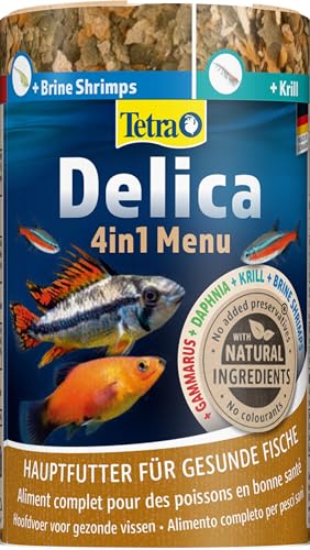 Tetra Delica Menu Naturfutter   4 verschiedenen Futtertier Sorten in einzelnen Kammern Wasserflöhe Krill Gammarus natürliche Snacks für Zierfische 100 ml Dose