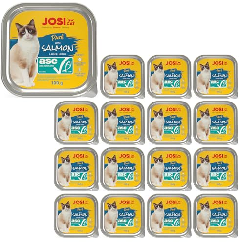 JosiCat Pat with Salmon 16 x 100 g Saftiges Katzenfutter mit Lachs ASC-Zertifiziert getreidefrei Premium Nassfutter für ausgewachsene Katzen Alleinfutter Powered by JOSERA 16er Pack