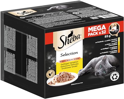 Sheba Selection in Sauce - Feinstes Katzennassfutter in der Schale - Geflügel Variation mit Poularde Huhn Geflügel und Truthahn - 32 x 85g
