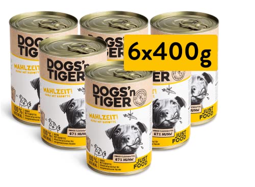 Dogs n Tiger Mahlzeit Premium Hunde Nassfutter tiergerechte Rezeptur mit 67% Fleischanteil Leinsamenöl Kräuter ohne Zucker Getreide künstliche Aromen Huhn mit Karotte 6 x 400 g