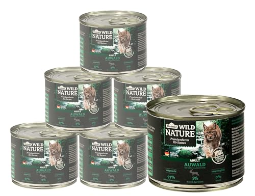 Dehner Wild Auwald Nassfutter getreidefrei zuckerfrei für ausgewachsene Katzen Hirsch Truthahn 6x 200g Dose 1.2