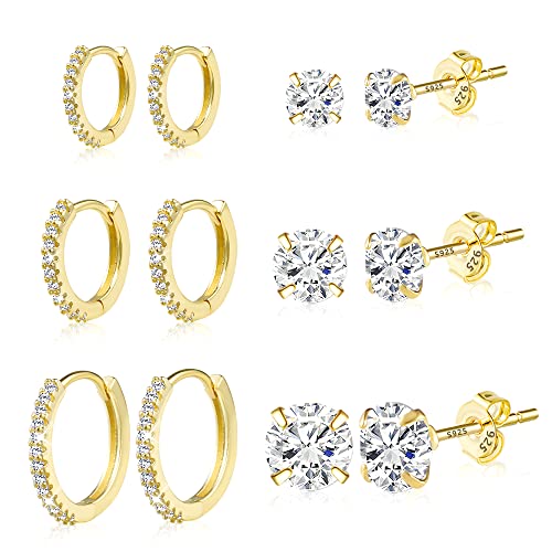 ALEXCRAFT Set AAA Diamant Zirkonia Ohrstecker Set 6 Paar 14K Echt Vergoldete Hypoallergen 925 Knorpel Huggie Mini Kugel Ohrstecker