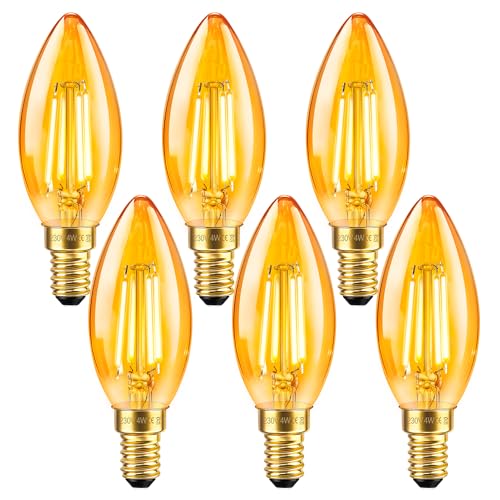 Caldarax 6 Stück E14 LED Kerze Vintage Glühbirne 4W LED Filament Ersetzt 40W C35 Kerzenbirnen Warmweiß 2200K Bernstein Glas Birne 400LM Nicht Dimmbar Nostalgische Deko für Zuhause Caf Bar