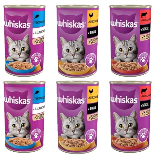 Whiskas Katzenfutter in Dose Aromen Mix in Sauce oder Gelee Thunfisch Huhn Rindfleisch 400g x 6