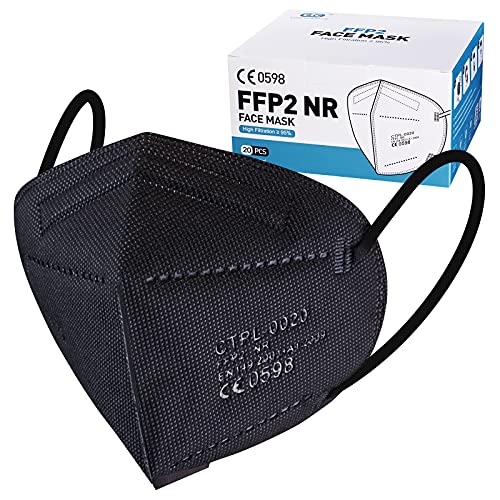 20 Stück FFP2 Masken Schwarz CE0598 Zertifizierung Mundschutz FFP2 Filtr-rate 95% 5-Lagige Einzeln verpackte KN95 FFP2 atmungsaktive Mit verstellbarem Nasendraht FFP2 Atemschutzmaske