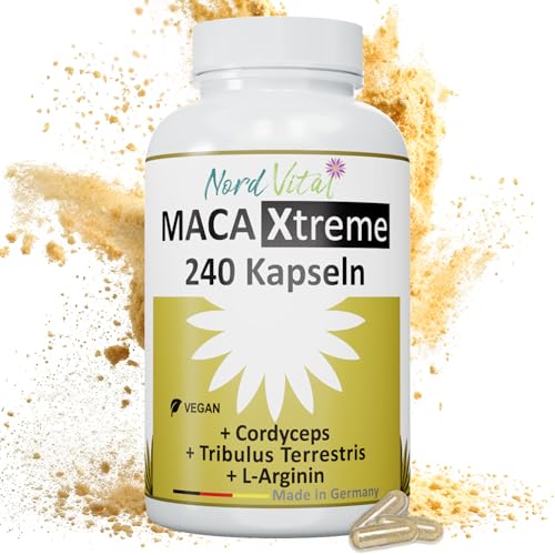 Nordvital Maca Kapseln hochdosiert 240 vegane Kapseln mit 16.000 mg Maca Gold 20 1 Extrakt aus Maca Wurzelpulver Cordyceps L-Arginin Tribulus mit Zink Selen deutsche Produktion