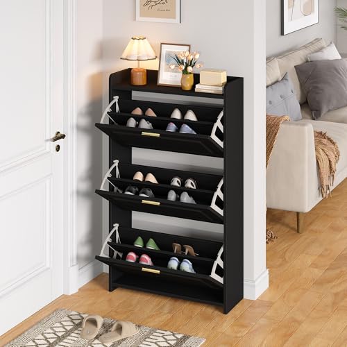 YuQozii 70 24 120cm Schuhschrank Schuhregal mit 6 Fächern Schränke Schuhschränke Schuhhochschränke Kann in Fluren Türen Wohnzimmern und Büros aufgestellt Werden MDF Spanplatte Schwarz 1