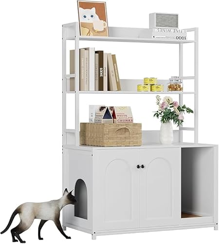 OPULENTHOME Katzentoilette mit 2 Einlegeböden stilvolle versteckte Möbel für Katzen in Weiß Kratzbaum Katzenhaus und WC-Schrank platzsparende Katzentoilette Weiß