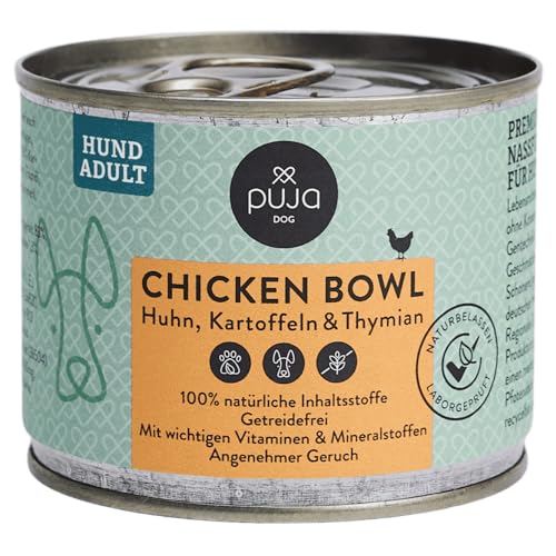 PUJA Premium Nassfutter für Hunde feine Chicken Bowl Lebensmittelqualität 100% natürlich regional ohne Konservierungsstoffe reich an Hähnchenfleisch 200 g