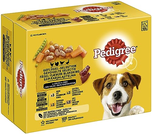 Pedigree Portionsbeutel Multipack Adult Geflügel-Selektion in Sauce 4 Varietäten mit Huhn Truthahn Geflügel Ente 1 x 12x100g