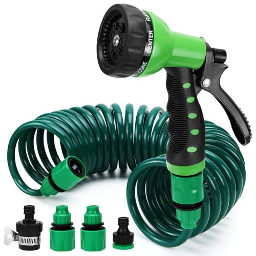 Gartenschlauch Spiralschlauch 7.5 M Flexibler Gartenschlauch mit 8 Funktions Brause Auslaufsicher und Druckbeständig für Autowaschen Bewässern von Gärten und Duschen von Haustieren Grün