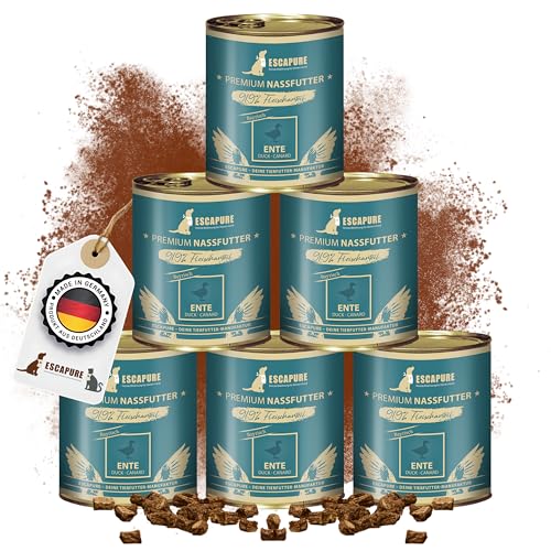 Escapure Nassfutter Ente Menü 6 x 800g Dose - 91 9% Entenfleisch Hundefutter - Dosenfutter Duck ohne Zusatzstoffe - Alleinfuttermittel für ausgewachsene Hunde frei von Getreide