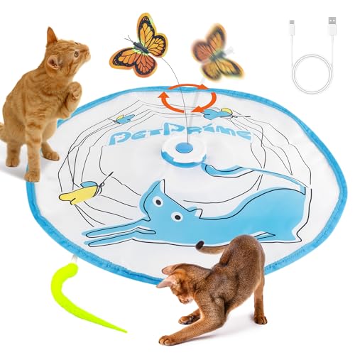 Pet Prime Interaktives Katzen Spielzeug mit Rotierendem Schmetterling Federangel Automatisches Bewegungsmodus Robust Langlebig Typ-C Ladung Mauz-Versteck