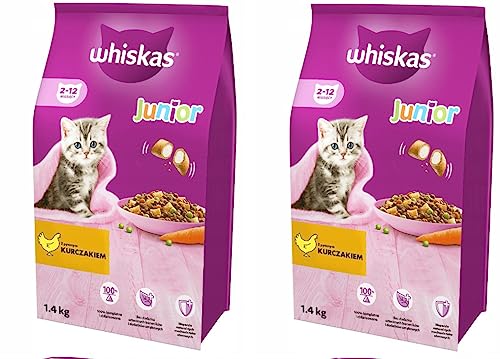 Whiskas Junior Trockenfutter Huhn 2x1 4kg 2 Packungen - Trockenfutter für heranwachsende Katzen - Extra kleine Kibbles für Kätzchen 2-12 Monate - unterschiedliche Produktverpackungen erhältlich