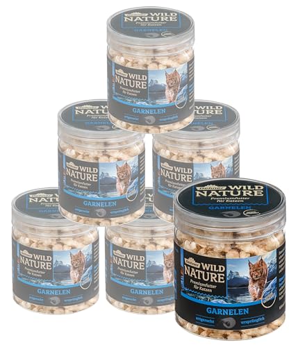 Dehner Wild Nature Katzensnack Premium Leckerli glutenfrei zuckerfrei für ernährungssensible Katzen gefriergetrocknet Garnelen 6 x 20 g 120 g