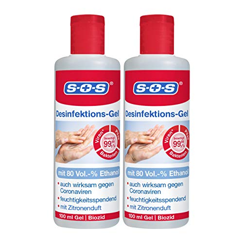 SOS Desinfektions-Gel mit 80 Vol.-% Ethanol 2 x 100 ml Handdesinfektion gegen 99 99% der Bakterien Pilze und Viren in 30 Sekunden Desinfektionsmittel für unterwegs