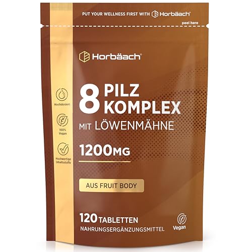 Pilz Komplex Kapseln 1200mg mit 8 Pilzsorten - Lions Mane Cordyceps Chaga Shiitake Reishi Maitake Shaggy Mane Oyster 120 Pulver Kapseln Vegane by Horbaach