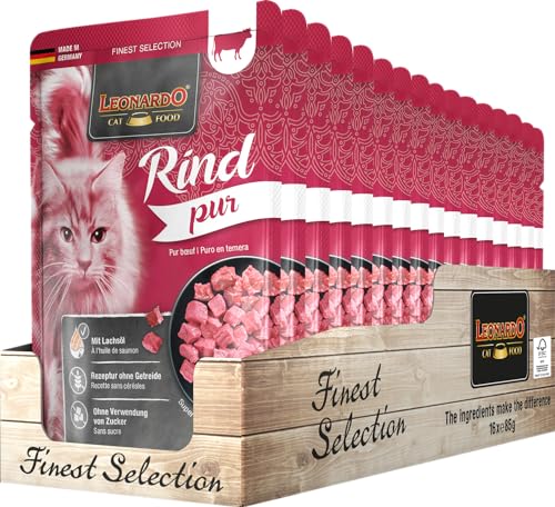 Leonardo Frischebeutel 16x85g Rind pur Getreidefreies Nassfutter für Katzen Feuchtfutter Alleinfutter im Einzelportionsbeutel