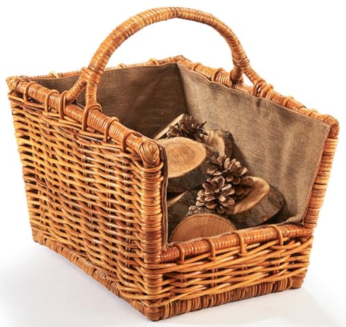 Kobolo Holztrage Holzkorb für Kaminholz - Rattan Lacak mit abnehmbarem Leinenstoff