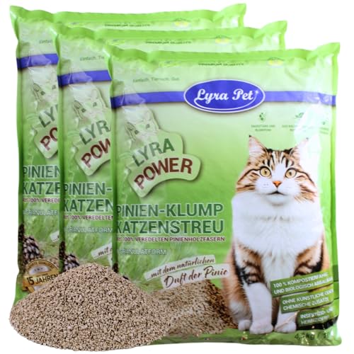 Lyra Pet 3 x 10 Liter Lyra Power Pinien Klump Katzenstreu Natürliche biologisch abbaubare Klumpstreu 500% Saugkraft Auch für empfindliche Katzen Staubarm für eine saubere Wohnung