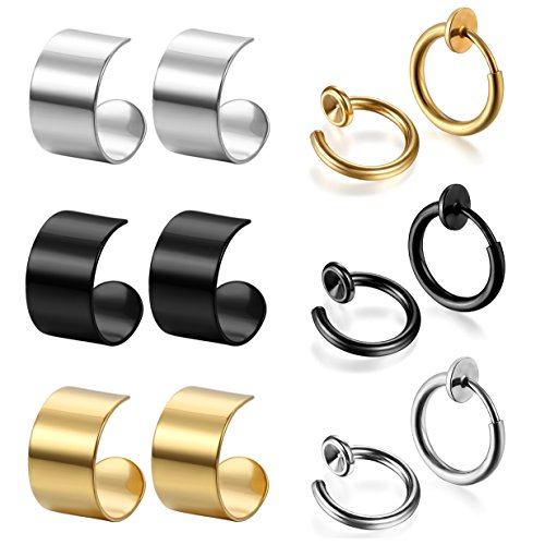 Cupimatch 6 Paare Edelstahl Ohrstecker Kreis Creolen ohne ohrloch Tricolor Ohrclips Piercing Ohrschmuck Ohrringe für Damen und Herren silber gold schwarz