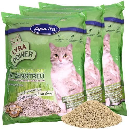 Lyra Pet 3 x 10 Liter Lyra Power Grasfaser Klump Katzenstreu Natürliche biologisch abbaubare Klumpstreu 500% Saugkraft Auch für empfindliche Katzen Staubarm für eine saubere Wohnung