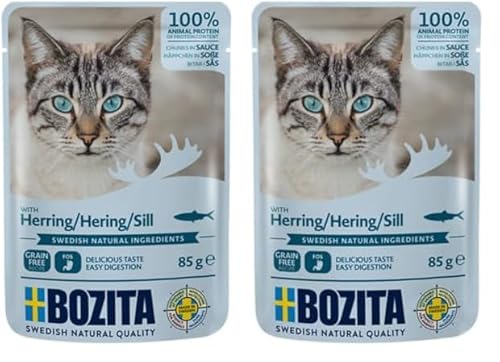 BOZITA Nassfutter Häppchen in Soße mit Hering 12x85g Pouch Portionsbeutel - getreidefrei - für Erwachsene Katzen Packung mit 2