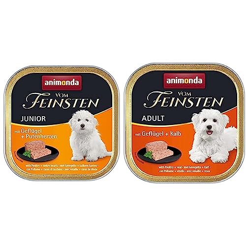 animonda Vom Feinsten Junior Hundefutter Nassfutter für Hunde im Wachstum mit Geflügel Putenherzen 22 x 150 g Adult Hundefutter Nassfutter für ausgewachsene Hunde Geflügel Kalb 22 x 150 g