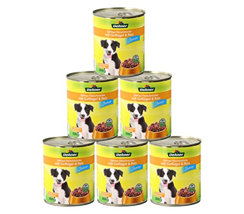 Dehner Hundefutter Nassfutter vitaminreich für Welpen und junge Hunde Geflügel Reis 6 x 800 g Dose 4.8 kg
