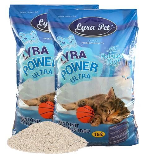 Lyra Pet 2 x 15 Liter Lyra Power Ultra Excellent Katzenstreu Babypuderduft Klumpendes Streu 350% Saugkraft Naturprodukt Bentonit Stark Klumpend Saubere Wohnung Neutralisiert Gerüche