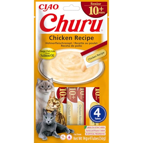 INABA Churu Senior Katzenleckerlis 30% Huhn Omega 3 Fettsäuren aus Lachsöl Taurin Nur 7 kcal pro Tube Gesunde Leckerlies Senior Katzenfutter 56g 1er