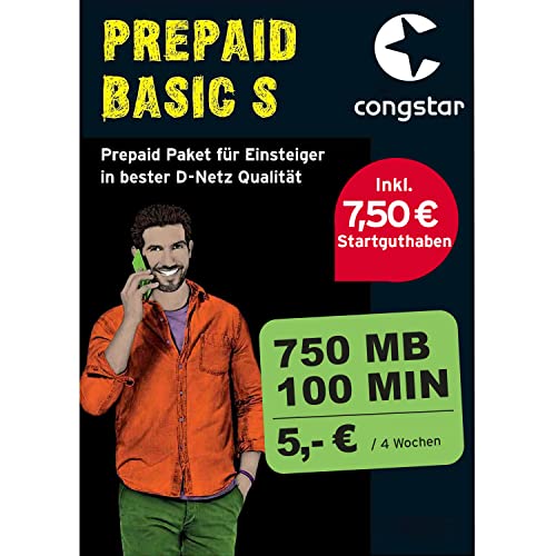 congstar Prepaid BASIC S Sim-Karte ohne Vertrag I Prepaid-Paket in D-Netz Qualität für Einsteiger I 750 MB LTE mit 25 Mbit s I 100 Freiminuten in alle dt. Netze 9 Cent pro SMS Min I EU-Roaming inkl.