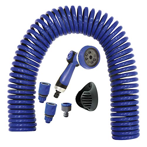 S M 590078 Spiralschlauch-Set blau 15 Meter 9 mm Durchmesser Multifunktionspistole 8 Düsen automatisches Innengewinde mit Adapter - 2 Schnellverbinder Aufhängehalterung