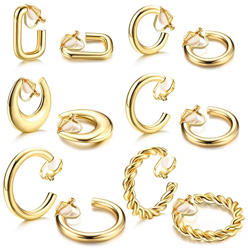 CASSIECA 6 Paare Clip Ohrringe für Damen Frauen Gold Hypoallergen Chunky Creolen Ohrclips Ohne Ohrlöcher Klips Ohrringe Set Modeschmuck Geschenk