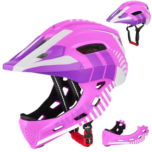 Kinderhelm 2-In-1 Integriert Kinder Fahrradhelm mit Abnehmbarem Kinnschutz Unisex 52-56cm Children s Helmet Kindersport Schutzhelm zum Fahrräder Laufrad Roller Rollschuhe Lila Rot