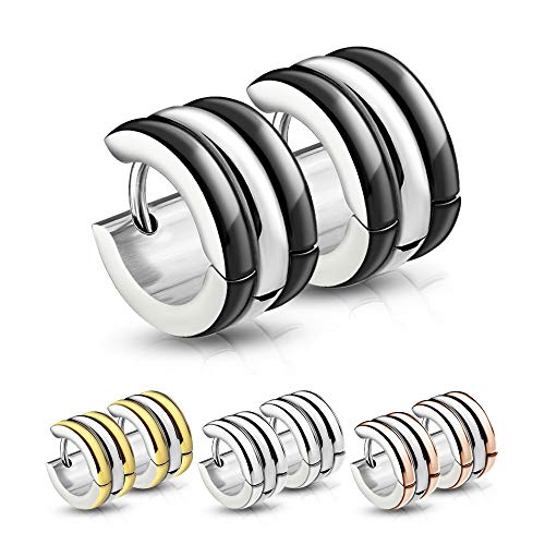Treuheld CREOLEN mit 3 Ringen Schwarz Rosegold Silber Gold - Edelstahl - Damen Herren Ohrringe - mehrreihige Ohrstecker mit Klappverschluss - 7mm breit mit 3 Reihen - Ohrschmuck zum Klappen