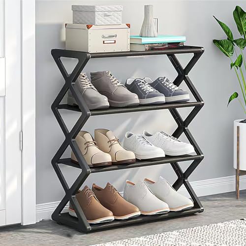 WMDMJT Schuhregal Organizer 4 Etagen Klappbar Stapelbar Schuhablage Edelstahl Robustes Gestell X-Förmiges Design Für Flur Schlafzimmer Garage Black