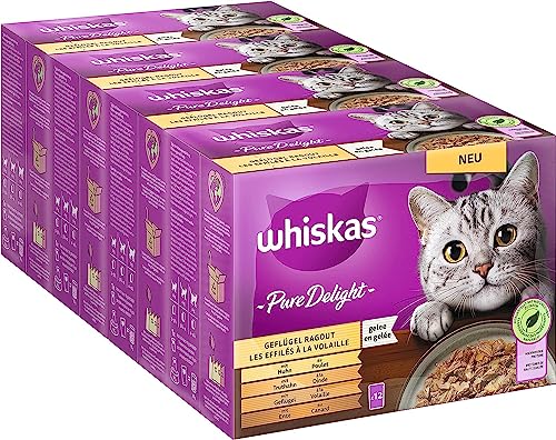 Whiskas Adult 1 Katzenfutter Pure Delight Geflügel Auswahl in Gelee 4x12x85g 4 Packungen Hochwertiges Nassfutter für ausgewachsene Katzen in 48 Portionsbeuteln