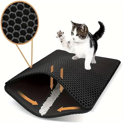 Katzenklo Katzenstreu Matte Unterleger Waben Design Wasserdichte Katzentoiletten Zubehör Spart Streu Schützt Böden Bienenwabe Matte Schwarz 40 x 50 cm CATMAT