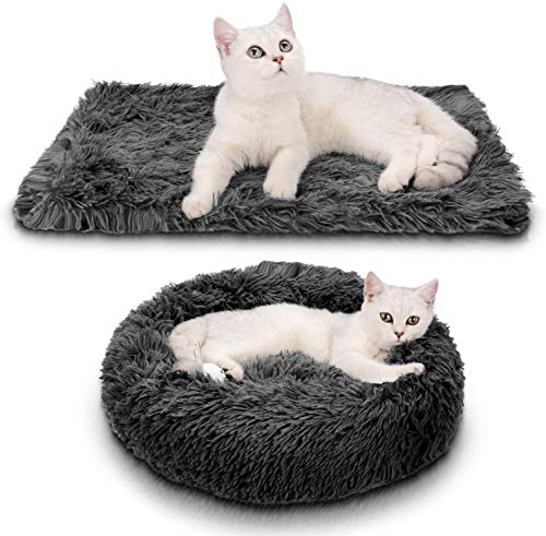  Katze Hundekissen Flauschig Katzenbett Set mit Decke Katzenbett Warm Weich Deluxes Schlafen zum Kleine Hunde Rutschfestes Waschbar 50cm Dunkelgrau