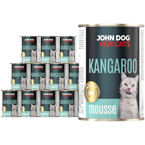 John Dog for Cats Nassfutter für Katzen mit Känguru - Monoprotein Katzenfutter Nass ohne Getreide und Zucker - hoher Fleischanteil - Mousse 400g 12er Pack