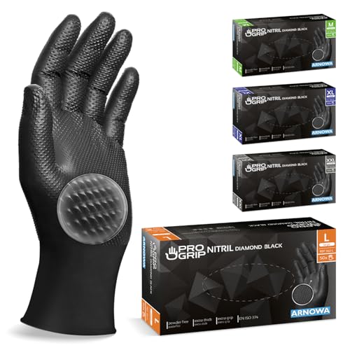PROGRIP Einweghandschuhe Diamant Grip Schwarz Einmalhandschuhe Extra Stark Nitrilhandschuhe Gr. L 2x dicker Arbeitshandschuhe für Werkstatt Montage 50 Stk Box